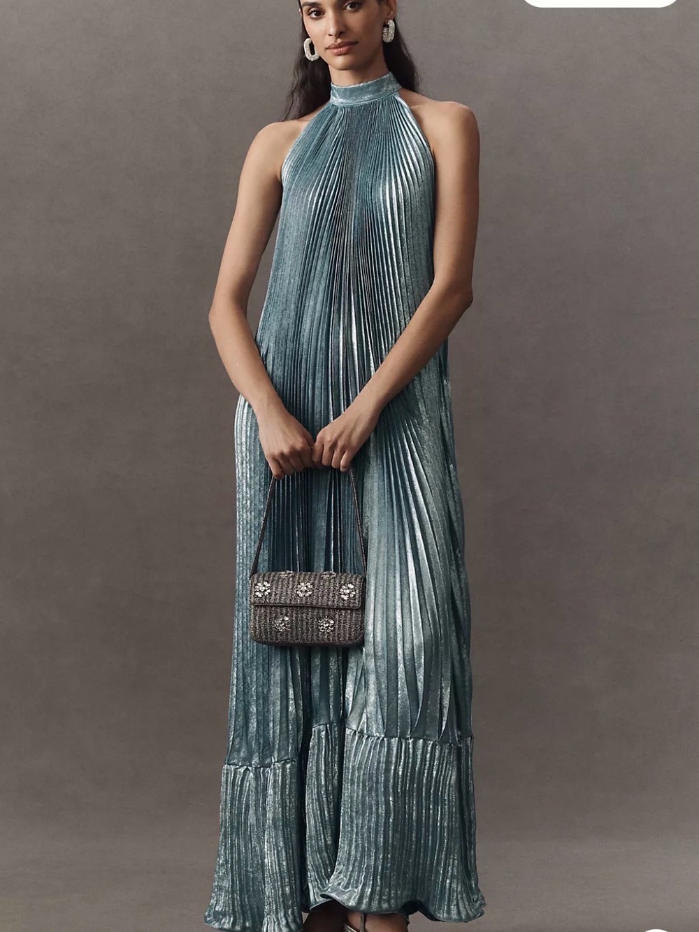 Pleated Shimmer Halter Maxi Dress in Polar Shimmer